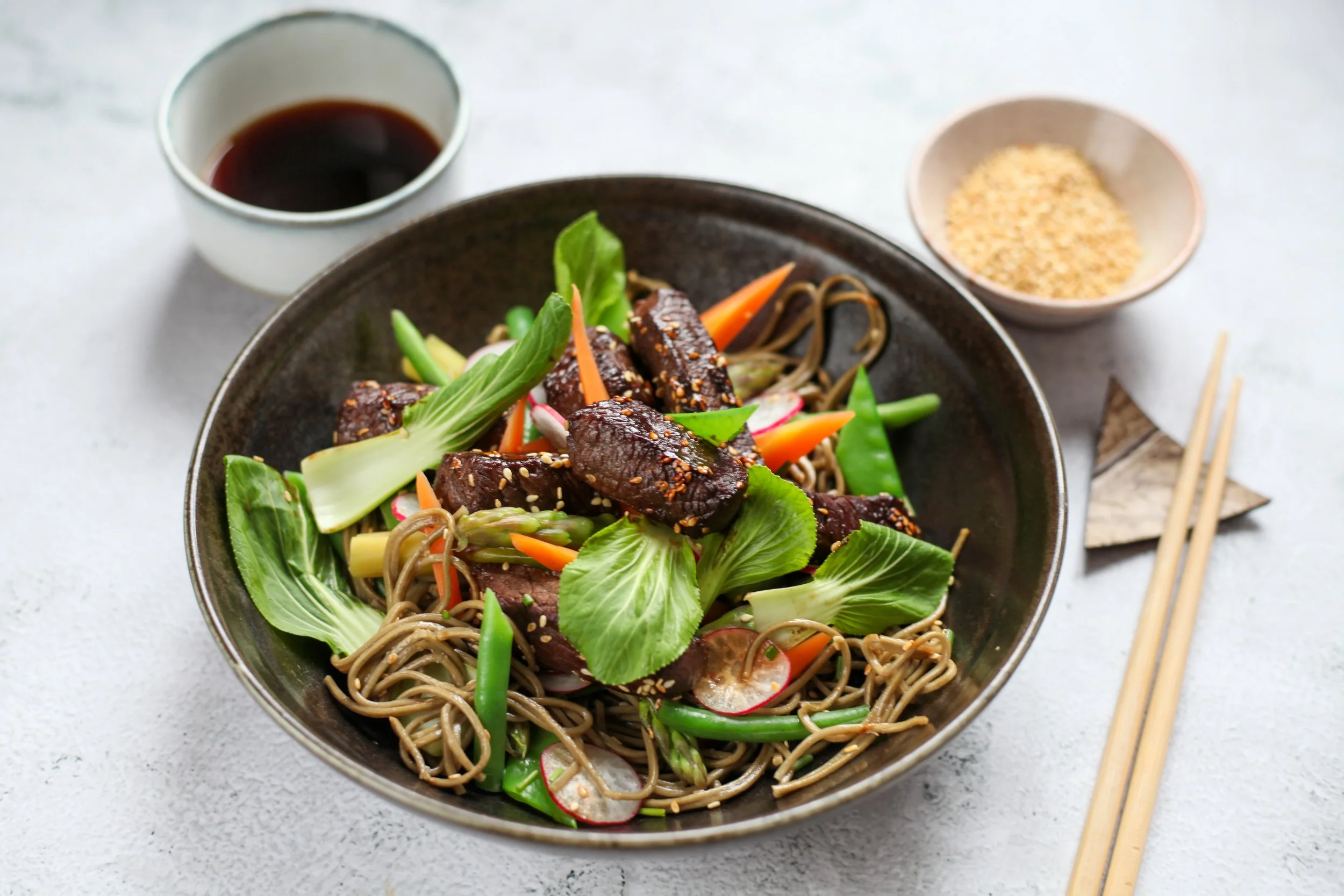 Soba noodle salad, green beans, snap peas, bok choi, baby carrots